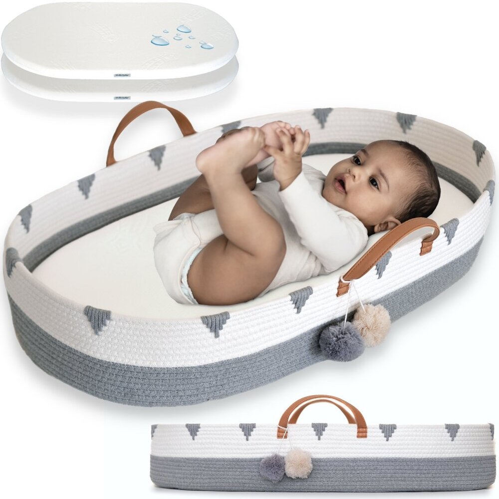 New in Box Cotton Rope Baby Changing Basket Set Grey & White with Pompoms